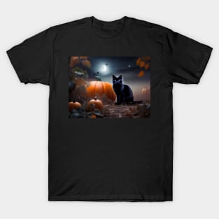 A sleek black cat in a pumpkin patch on Halloween night T-Shirt